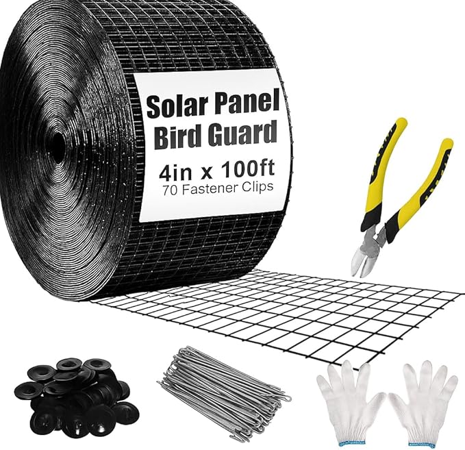 4in X 100ft Solar Panel Bird Guard - 1/2" Black PVC Mesh Galvanized Rust-Resistant Net, Critter Guard for Solar Panels with 70 Fastener Clips, Gloves, Cutting Pliers