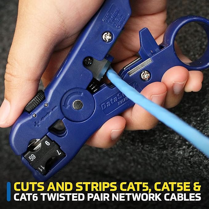 DataShark 70029 Universal Cutter-Stripper for Flat or Round TV/UTP Cable | Cat5 Cat5e Cat6 | RG6 Quad RG59 RG7 RG11 (Pro Grade)