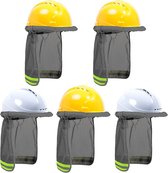 TCCFCCT Hard Hat Sun Shade, High Visibility Neck Shield with Secure-Fit Fastener, Mesh Neck Sun Shade Protector with Reflective Strip, Construction Helmets Use, Hard Hat Not Included, Grey, 5 Packs