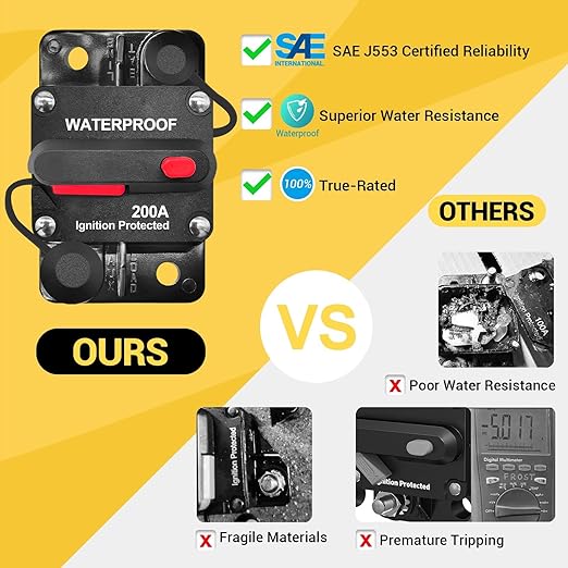 200Amp Circuit Breaker DC 12V-48V for Marine Boat Trolling Motor Automotive RV Trailer Car Solar System Battery Disconnect with Manual Reset Switch, IP67 Waterproof (Pack of 2)