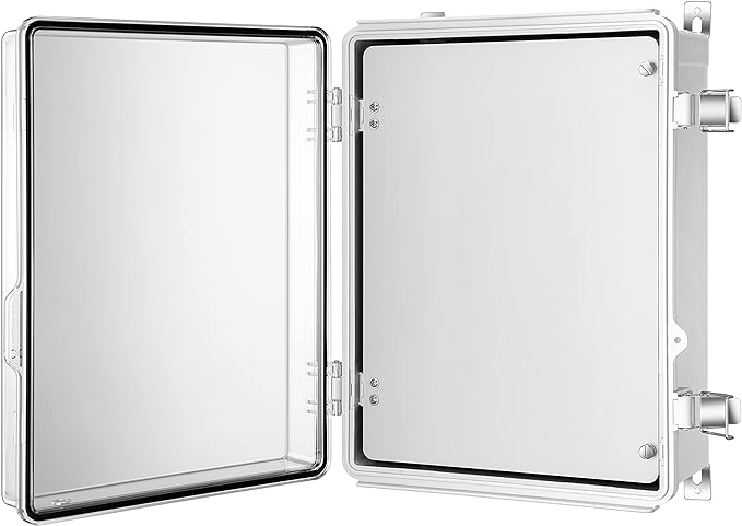 Junction Box, IP67 Waterproof Plastic Enclosure for Electrical Project, Hinged Grey Cover, Includes Mounting Plate and Wall Bracket (Transparent Cover with Inner Door, 16.1"x12.2"x7.1")