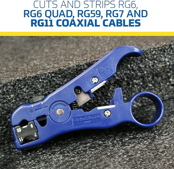 DataShark 70029 Universal Cutter-Stripper for Flat or Round TV/UTP Cable | Cat5 Cat5e Cat6 | RG6 Quad RG59 RG7 RG11 (Pro Grade)