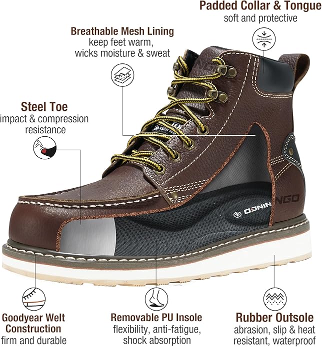 HISEA NINGO Work Boots for Men Steel/Soft Toe Boots,6” Water Resistant Slip Resistant Industrial & Construction Work Shoes, Composite Toe Working Boot