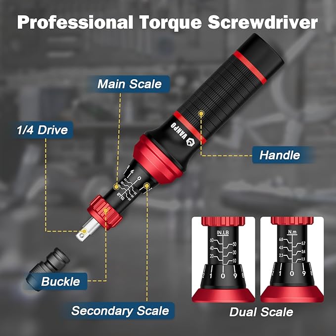 VANPO Torque Screwdriver Set 10–60 in-lb, 99-Piece Precision Torque Driver Kit with T-Bar & 1/4" Quick-Change Adapter, Adjustable for Scope Mounting, Bicycle & Electronics Maintenance