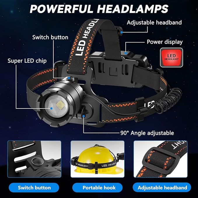KYEKIO 6Pack Rechargeable Headlamps for Adults, Super Bright Head Lamps LED Rechargeable, 4Mode Head Lights for Forehead Hard Hat, Adjustable Focus 90°Headlight, Waterproof LED Headlamp Camping