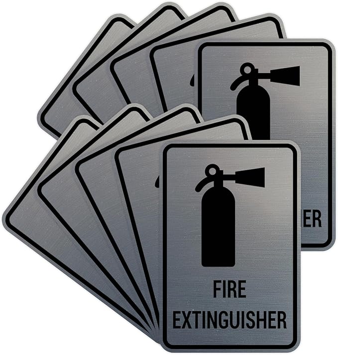 Signs ByLITA Portrait Round Fire Extinguisher Sign with Adhesive Tape, Mounts On Any Flat Surface (Brushed Silver) - Medium (10 Pack)