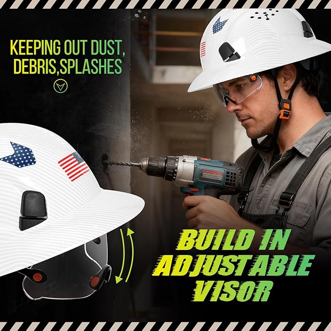 Carbon Fiber Pattern Full Brim Hard Hat with Visor-OSHA Approved Construction Safety Helmet for Men Women,ANSI Z89.1 Vented Reflective Hardhat with Hard Hat Chin Strap,6-Point Suspension