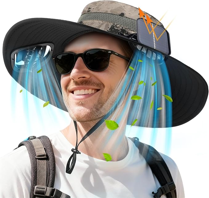 Berlune Men Sun Hat with 2 Solar Fans Wide Brim Outdoor Fishing Hat USB & Solar Powered for Sun Protection Camping Hiking