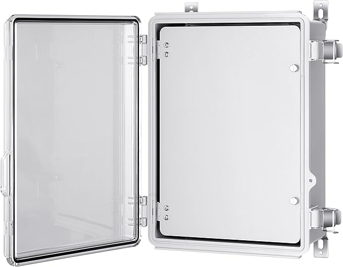 Junction Box, IP67 Waterproof Plastic Enclosure for Electrical Project, Hinged Grey Cover, Includes Mounting Plate and Wall Bracket (Transparent Cover with Inner Door, 14.6"×10.6"×5.9")