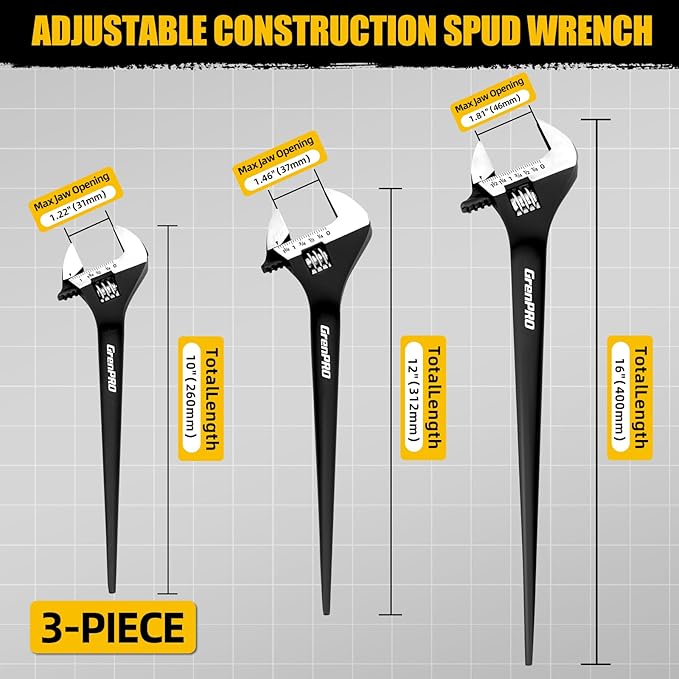 4-Piece Adjustable Spud Wrench Set with Gloves, 10" 12" 16" Large Crescent Plumbers Wrenches sets for Crowbar Pipe Fitting Pipefitter Construction Tools, SAE/Metric Scales, CR-V, Black Oxide