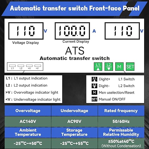 100Amp AC 110V Automatic Transfer Switch with LED Display, 2P Dual Power Outdoor Electrical Changeover Switch, L1 Priority Mini ATS Din Rail Mount, 50/60Hz CE Certified