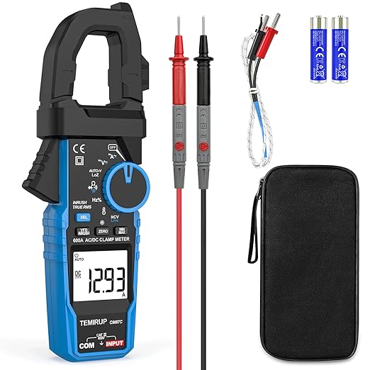 Digital Inrush Clamp Meter Multimeter, TEMIRUP T-RMS 6000 Counts 600A Current Amp Volt Meter with VFD,LOZ Mode; Measures NCV AC/DC Current Voltage Temperature Resistance Capacitance Continuity