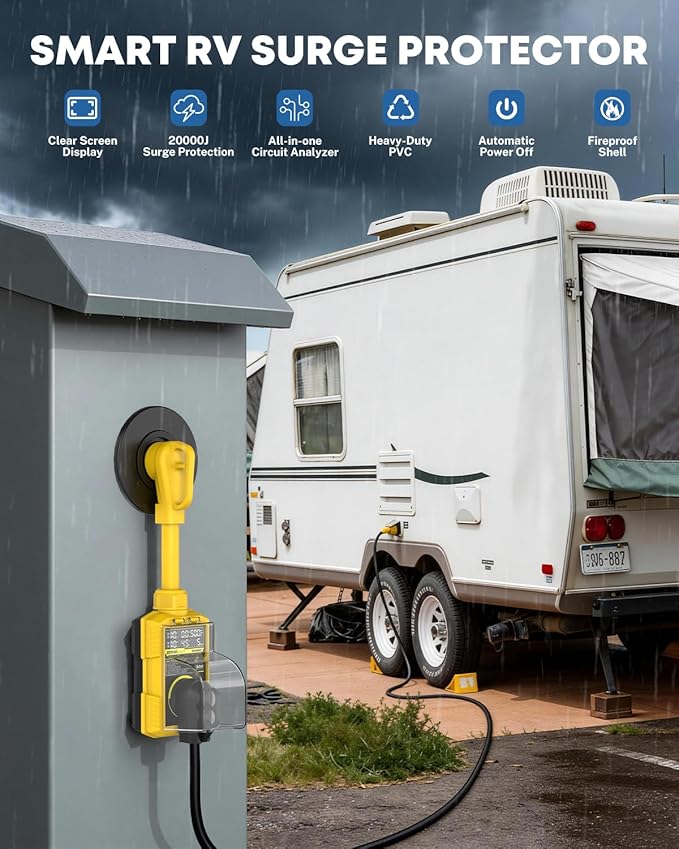 Kohree RV Surge Protector 50 Amp, 20000 Joules RV Power Surge Voltage Protection, RV Adapter Plug with Auto Shut Off LED Large Screen Real-Time Circuit Analyzer for Travel Trailers Camper-50A Yellow