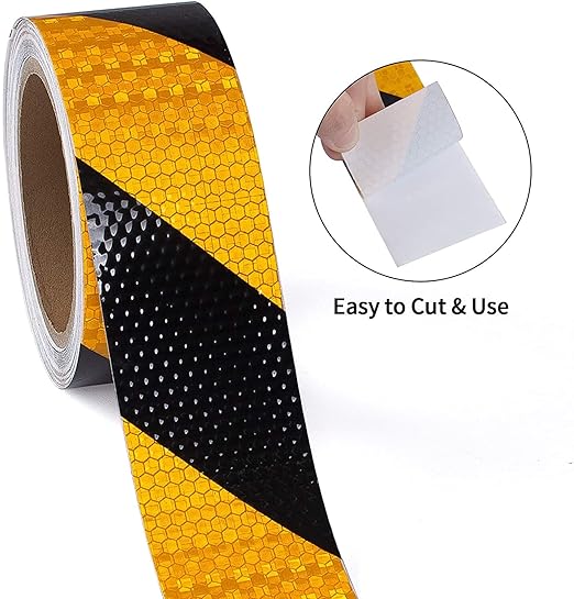 Reflective Tape, Waterproof Self Adhesive Dot Reflective Tape Outdoor Safety Caution Reflector for Trailers, Bikes, Cars（Black Yellow, 1 Inch x 65 Feet）
