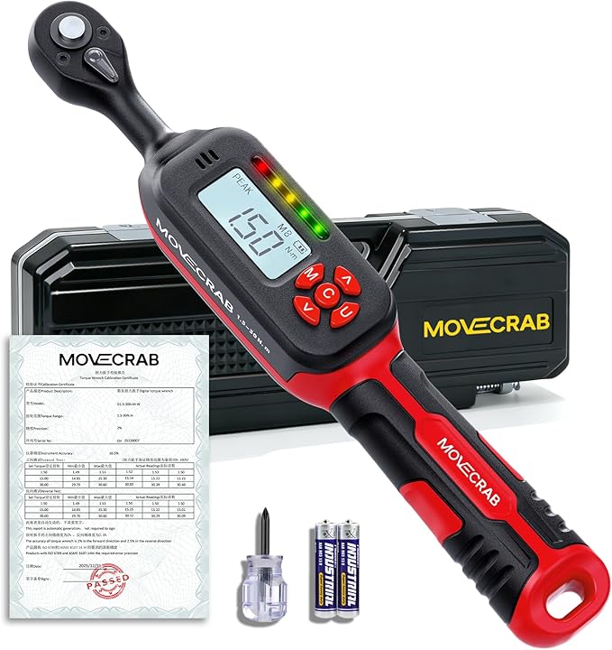 1/4" Digital Torque Wrench, 1-22 Ft.lb/1.5-30 N.m, ±2% Accuracy, LED Display, USB Data Storage, 4 Units, Two modes, Triple Alert, Precision Torque Tool, Red