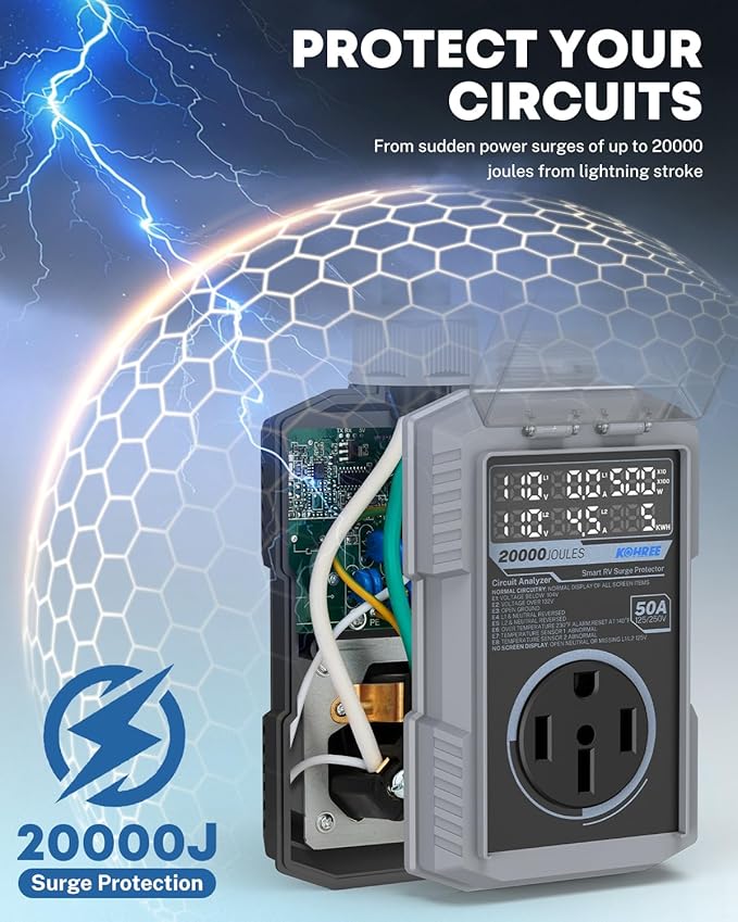Kohree RV Surge Protector 50 Amp, 20000 Joules RV Power Surge Voltage Protection, RV Adapter Plug with Auto Shut Off LED Large Screen Real-Time Circuit Analyzer for Travel Trailers Camper-50A Gray