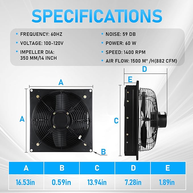 14 Inch Shutter Exhaust Fan with Automatic Louvers, 882 CFM 60W Heavy Duty 110-120V Wall Mounted Garage Ventilation Fan for Greenhouse, Attic, Barn, Workshop – Pure Copper Motor, All-Metal Louvered