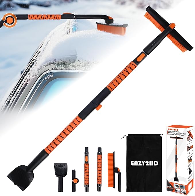 Eazy2hD 3 in 1 Bendable Silicone Snow Brush with Ice Scrapers, 65.75" Extendable Window Ice Removal with Squeegee for Windshield, 360° Pivoting Brush Head Cleaner Tool for Car, Truck, SUV