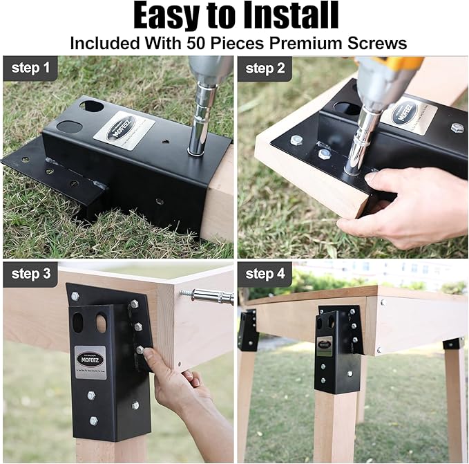 MOFEEZ Deer Stand Brackets 4x4 with Screws, Heavy Duty Elevator Bracket with Powder Coated for Deer Blind Outdoor Hunting Platform Blind Box Treehouse Shooting Shack Over 2000lb Capacity Black 4 Pack