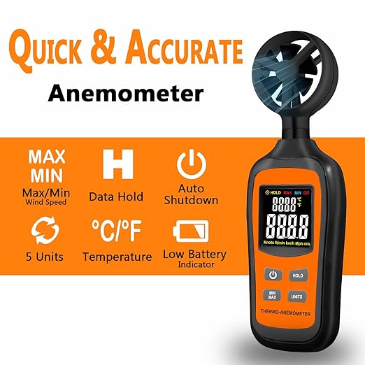 Digital Wind Speed Meter Anemometer,Handheld Air Flow Velocity Meter for Measuring Wind Speed/Temperature with 4 Digit Color Screen,for Shooting, HVAC, Drone Flying,Windsurfing, Sailing, Surfing