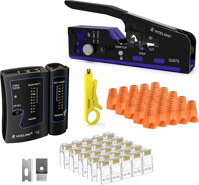 VCELINK RJ45 Crimp Tool Kit for CAT7/6A/6/5E/5, Upgraded Network Tool Set with an Ethernet Crimper, 25 RJ45 Connectors & Boots, Cable Tester, and Wire Stripper (no Cloth Bag Include, Blue Crimper)