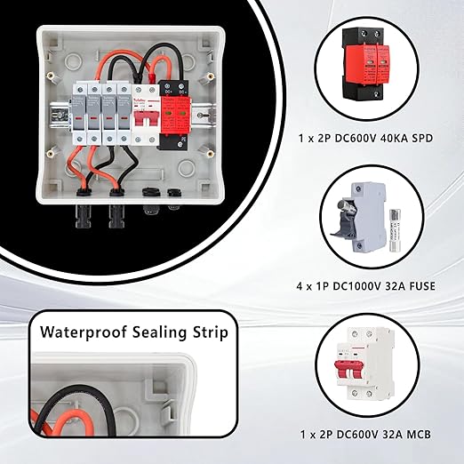 Solar Combiner Box DC600V,2 String PV Combiner Box with 32A Circuit Breaker,Pre-Wired IP65 Waterproof Enclosure,Lighting Surge Protector& 32A Fuses for Off-Grid Solar System&RV