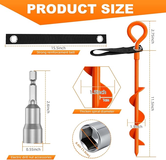 Ground Anchors Heavy Duty, 8 Pack Swing Set Anchor Kit Screw in Earth Anchors Trampoline Spiral Stakes for Camping Tent, Canopies, Car Ports, Securing Animals, Trap Anchors Hurricane Tie Down(Orange)