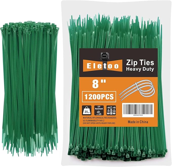 8 Inch garden green Zip Ties (1200 Pack), 35 LBS Tensile Strength, Self-Locking Nylon PA66 UV Resistant Cable Ties for Indoor and Outdoor Use