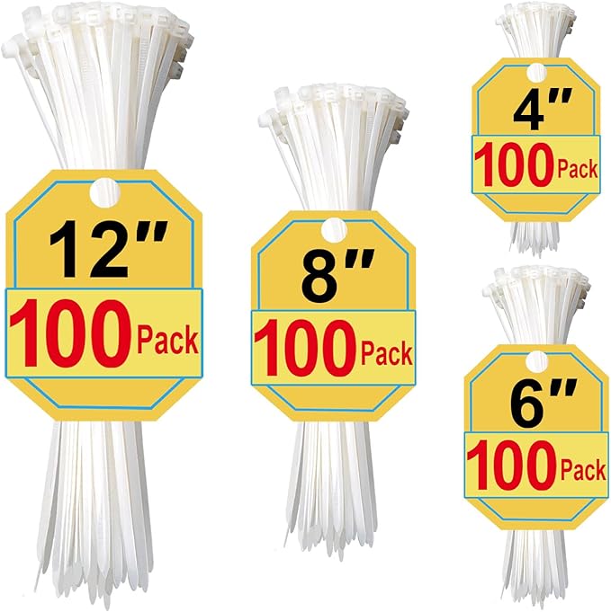 Zip Ties, White Zip Ties Assorted Sizes 4+6+8+12 Inch, 400 Pack, White Cable Ties, Zipties Clear, UV Resistant Wire Ties, Plastic Ties, Clear Zip Tie, SiKuLin