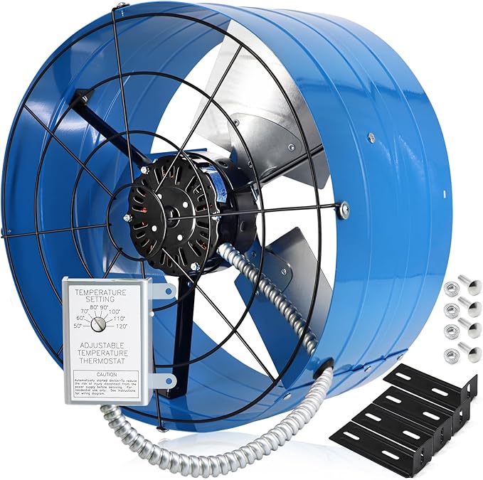 Hiorucet Gable Vent Fan with Adjustable Thermostat, 1945CFM 2500 SQF High Speed Low Noise Gable Mount Attic Exhaust Fan, 16 Inch Fan Blade and Permanently Lubricated Motor, Blue.