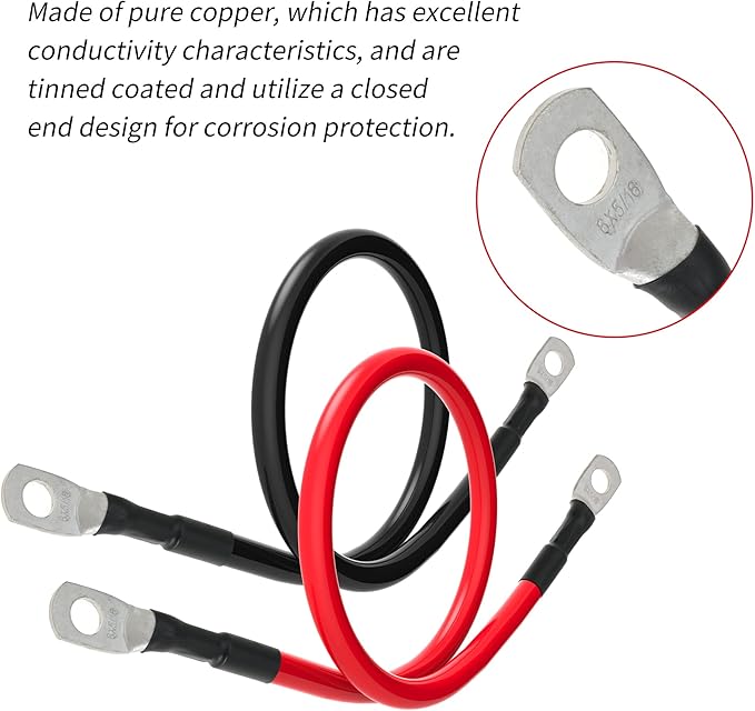 8 AWG Battery Cable 8 Gauge Power Inverter Cables with 5/16 Inch Lugs Both Ends for Solar Boat Marine RV Car 2 Pack (1FT)