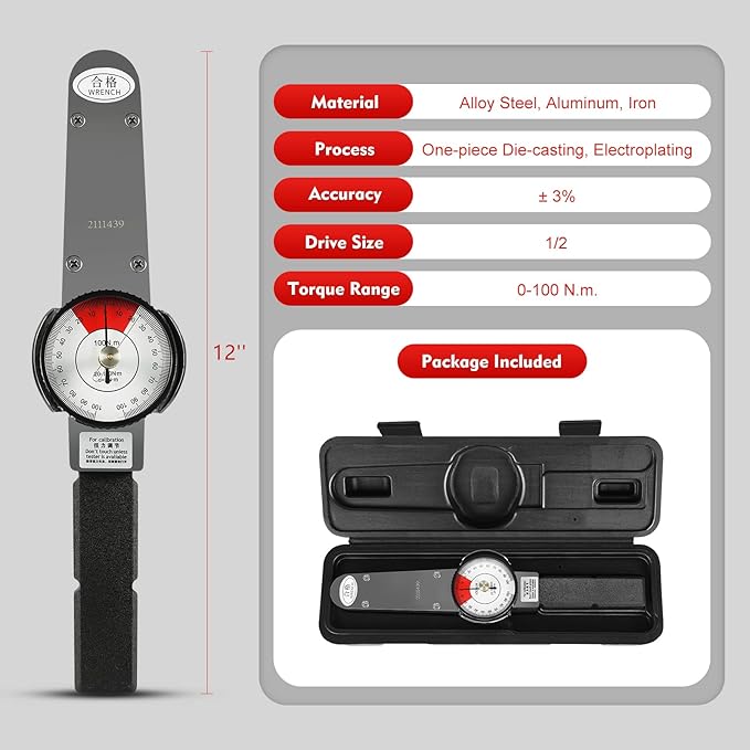 Dial Indicator Torque Wrench Indicating Torquemeter 1/2" Drive 0-100 Nm High Precision Torque Meter Professional Measure Tool, ± 3% Accuracy