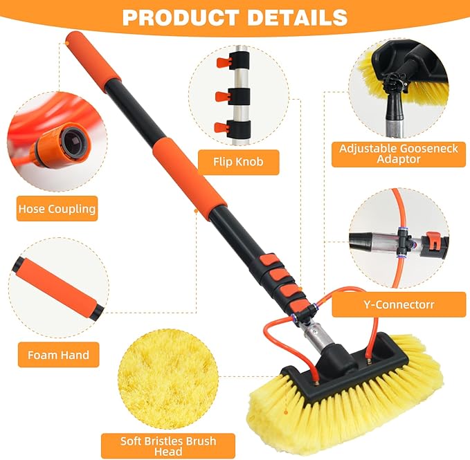 12FT Car Wash Brush with Long Handle Hose Attachment Telescopic Pole with Angle Adapter 12" Soft and Hard Bristle Cleaning Brush for Car Truck RV House Floor Window Roof Pool Solar Panels