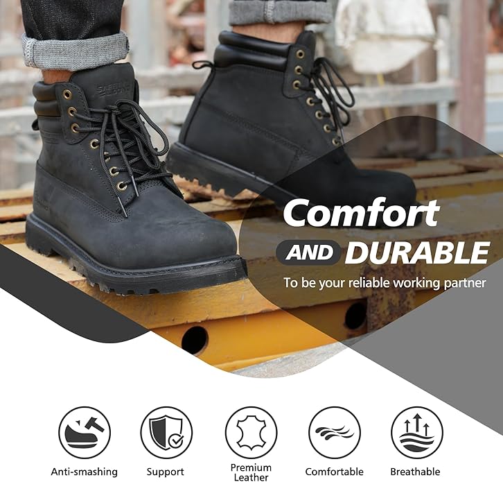 Steel Toe Work Boots for Men, 6-Inch Non Slip Comfortable Leather Waterproof Industrial Construction Safety Workboots