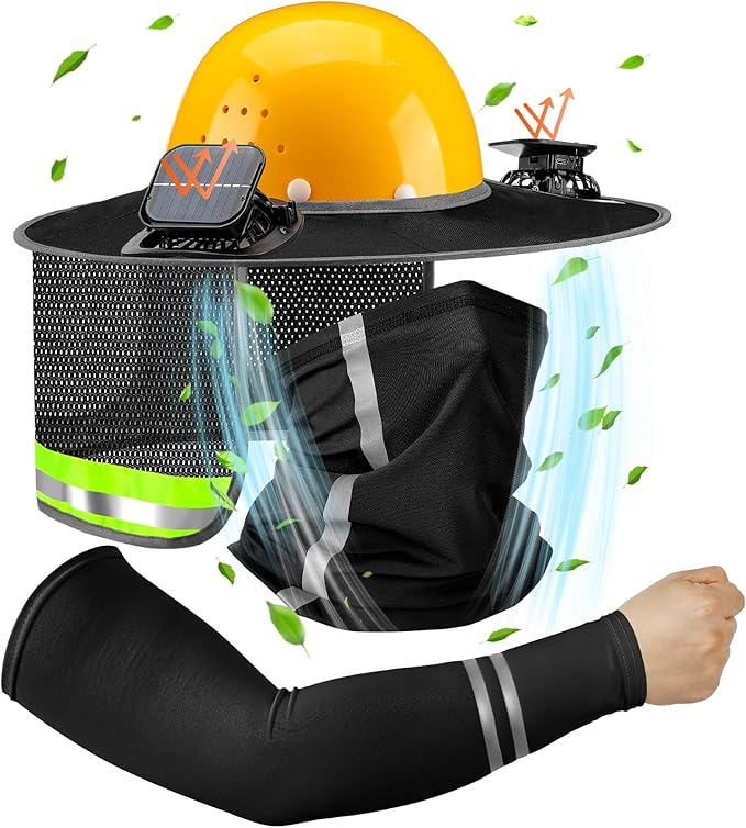 1 Set Sun Hard Hat Shade Full Brim Hard Hat Sun Visor with Solar Fans and Neck Sunshade Cover UV Reflective Strap Arm Sleeves Summer Protection Accessories