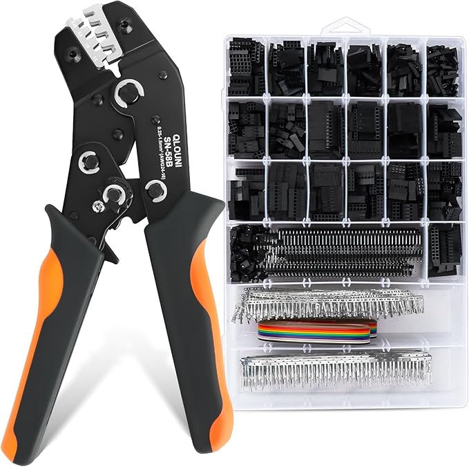 Dupont Crimping Tool Kit, 2870 PCS 2.54mm Connector Assortment, SN-58B Ratcheting Wire Crimper AWG 24–16 (0.25–1.5mm²), 1–10 Pin & 2×2–2×9 Housings, 40-Pin Headers, Jumper Caps & Ribbon Cable