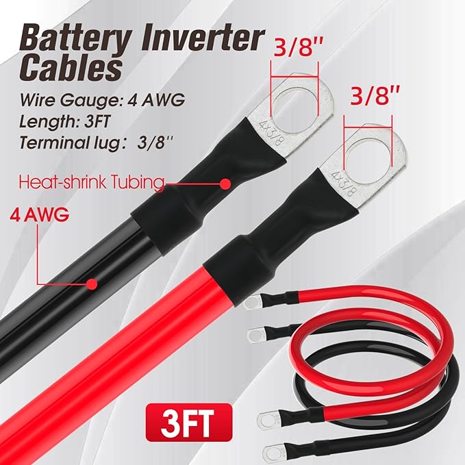 4 AWG Battery Cable 4AWG Gauge Battery Inverter Cables for Automotive Solar Marine Boat RV Car Motorcycle (4 AWG, 3FT, 3/8")