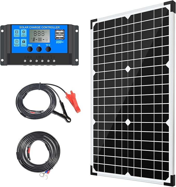 Solar Panel Kit 30W 12V Monocrystalline,Battery Maintainer +10A Solar Charge Controller + Extension Cable with Battery Clips O-Ring Terminal for RV Marine Boat Off Grid System