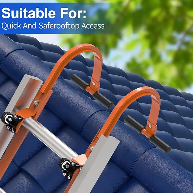 Roof Ladder Hook, 2 Pack Ladder Stabilizer with Wheel, Heavy Duty Steel 500 Lbs Weight Ratin Roof Ridge Extension, Rubber Grip T-Bar for Damage Prevention, Fast and Easy Setup to Access Steep Roofs