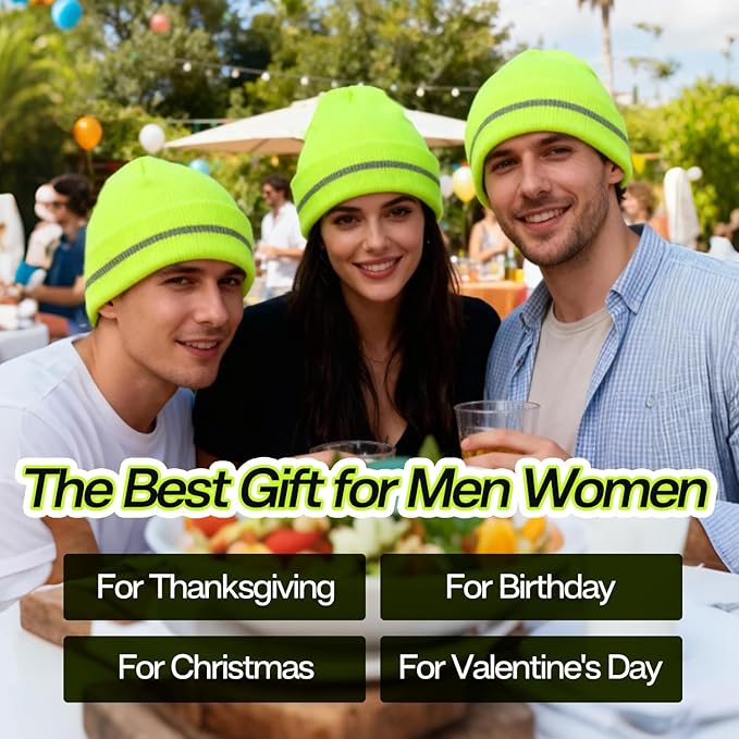 Sucrain 2 PCS Reflective Knit Hat Adult Safety Beanies Hats Warm Winter Knit Caps with Reflective Stripes for Outdoor Work