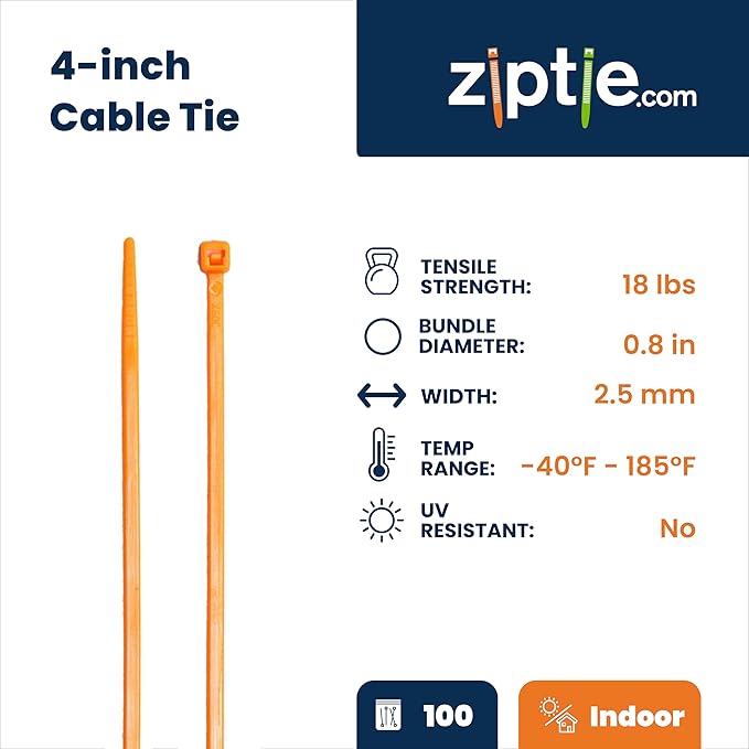 ZipTie.com 4-inch Fluoresent Orange Multi-Purpose Cable Tie, 18-lb Tensile Strength, 100-Pack