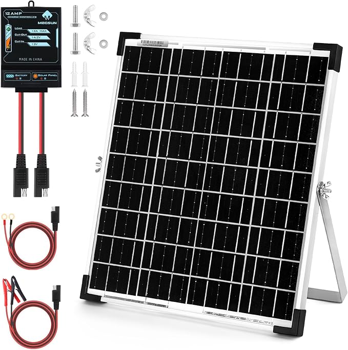 MEGSUN Solar Panel Kit 20W 12V Waterproof Solar Battery Trickle Charger Maintainer + Upgraded 12A Intelligent Charge Controller + Adjustable Mount Bracket for Car, Motorcycle, Boat, Marine, RV