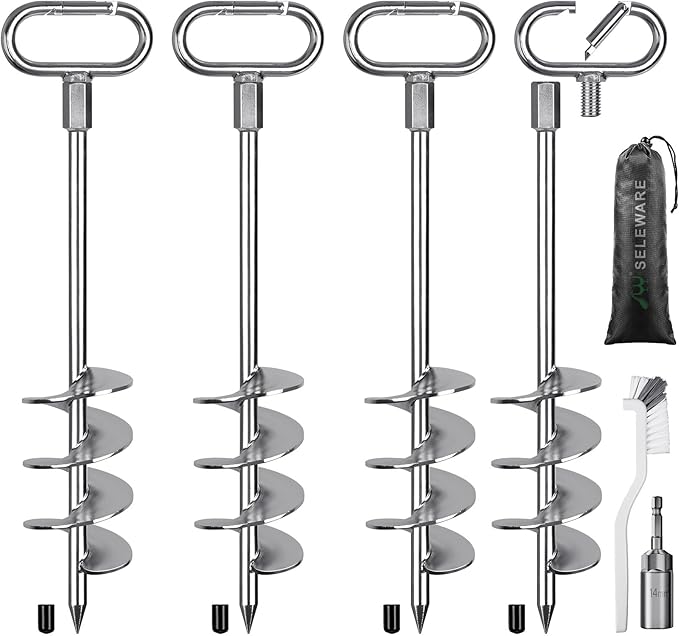 SELEWARE 4 Pack Trampoline Stakes Heavy Duty Ground Anchors High Wind Trampoline Stakes Anchors Spiral Earth Anchors for Secure Animals Trampolines Tents Shed Swing Set Mobile Homes Carport