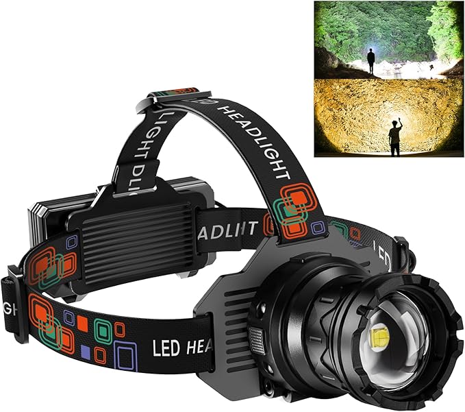 Rechargeable Headlamp Super Bright, Dual Color White & Warm Light Head Lamp, High Lumens Zoomable Head Light, 90° Adjustable, IPX7 Waterproof Head Torch for Camping Hiking Fishing Work