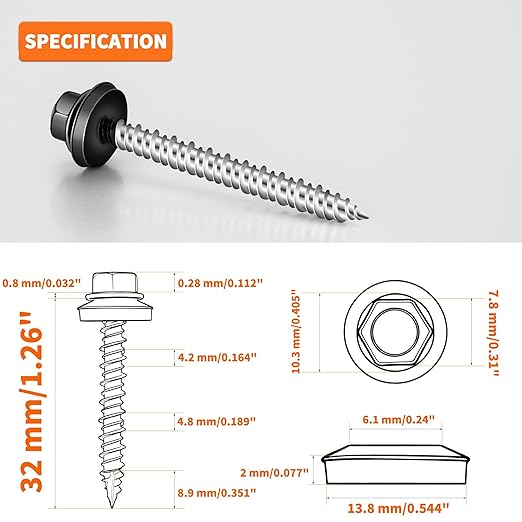 60 PCS #10 x 1-1/4" Hex Head Metal Roofing Screws with Bit, Black Painted Head Sheet Roof Screw with EPDM Washer, High-Low Thread, Self-Tapping Metal to Wood Screws for Roofing & Siding - TPOHH