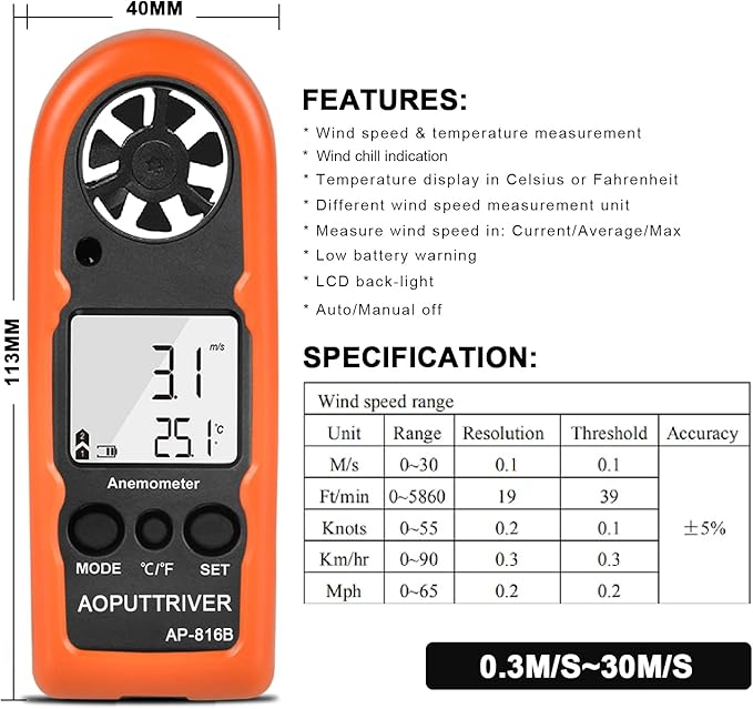 Digital Wind Speed Meter Air Flow Meter Measuring Wind Chill and Max/Average/Current/Temper Speed, Mini Anemometer for Sailing Fishing Hunting HVAC