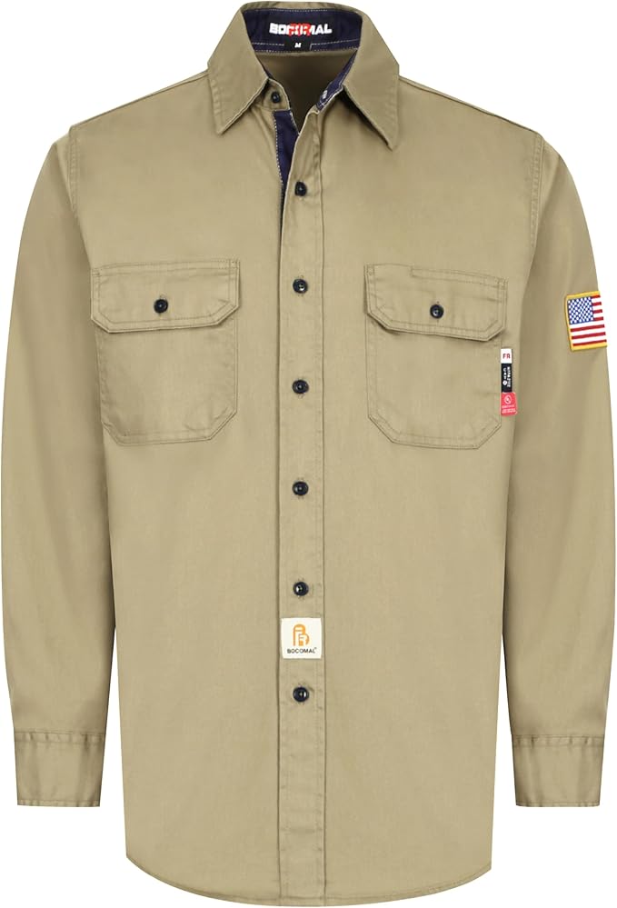 BOCOMAL FR Shirts for Men Flame Resistant Light Weight NFPA2112 Fire Retardant Welding Shirt Water & Oil Repellent Finish