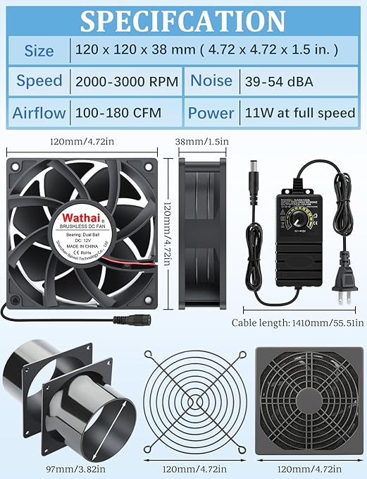 Wathai 120mm x 38mm 4 Inch Small Exhaust Fan 12V Duct Fan with Speed Control, Fume Extractor for Paint Booth, Soldering, Laser Engraving, Greenhouse Ventilation