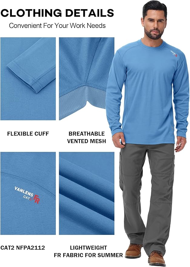 FR Shirts for Summer 5.5OZ Lightweight Breathable Vented Mesh Flame Resistant Long Sleeve Crew T-Shirt CAT2