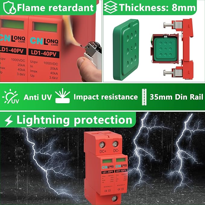 2P 40KA Voltage Surge Protector DC 1000V Solar PV Lightning Arrester Device for Rv, Home Lightning Protection System 35mm DIN Rail Mount